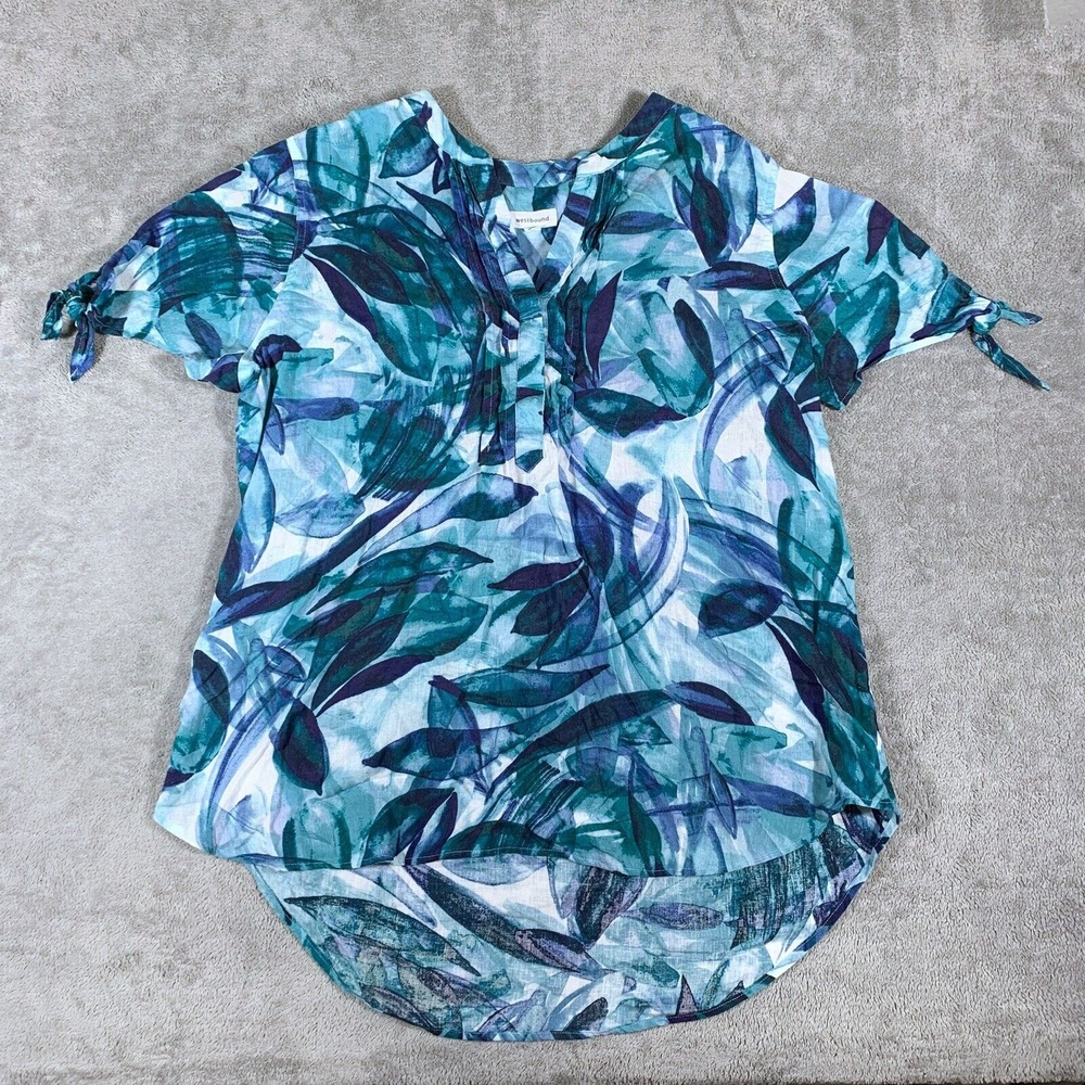 Westbound Floral Blues Whites Green Linen Blend Blouse Size Large Women’s